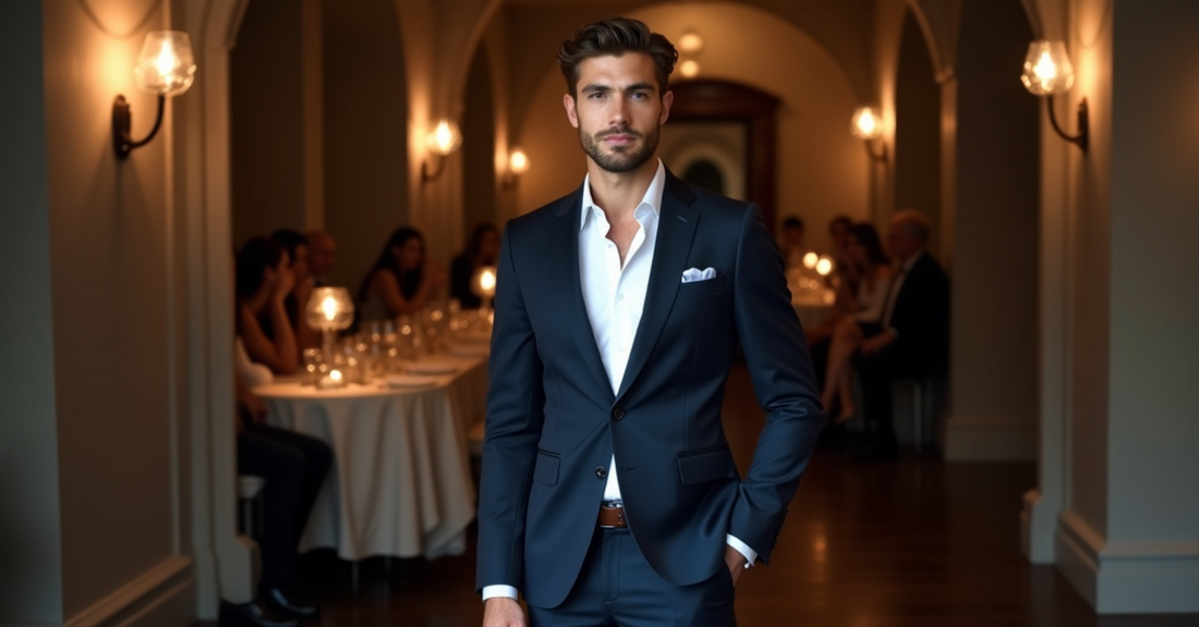 A modern, well-dressed man wearing semi-formal attire: a tailored navy or charcoal blazer, white dress shirt, dress pants, leather loafers or oxfords, optional tie, and pocket square