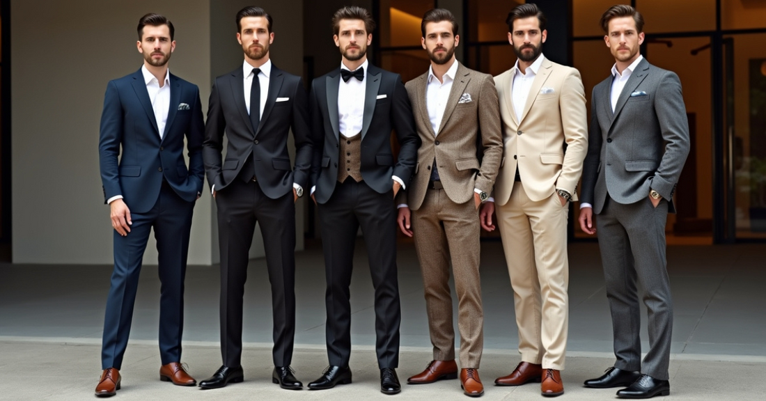 Men wearing different types of suits standing next to each other