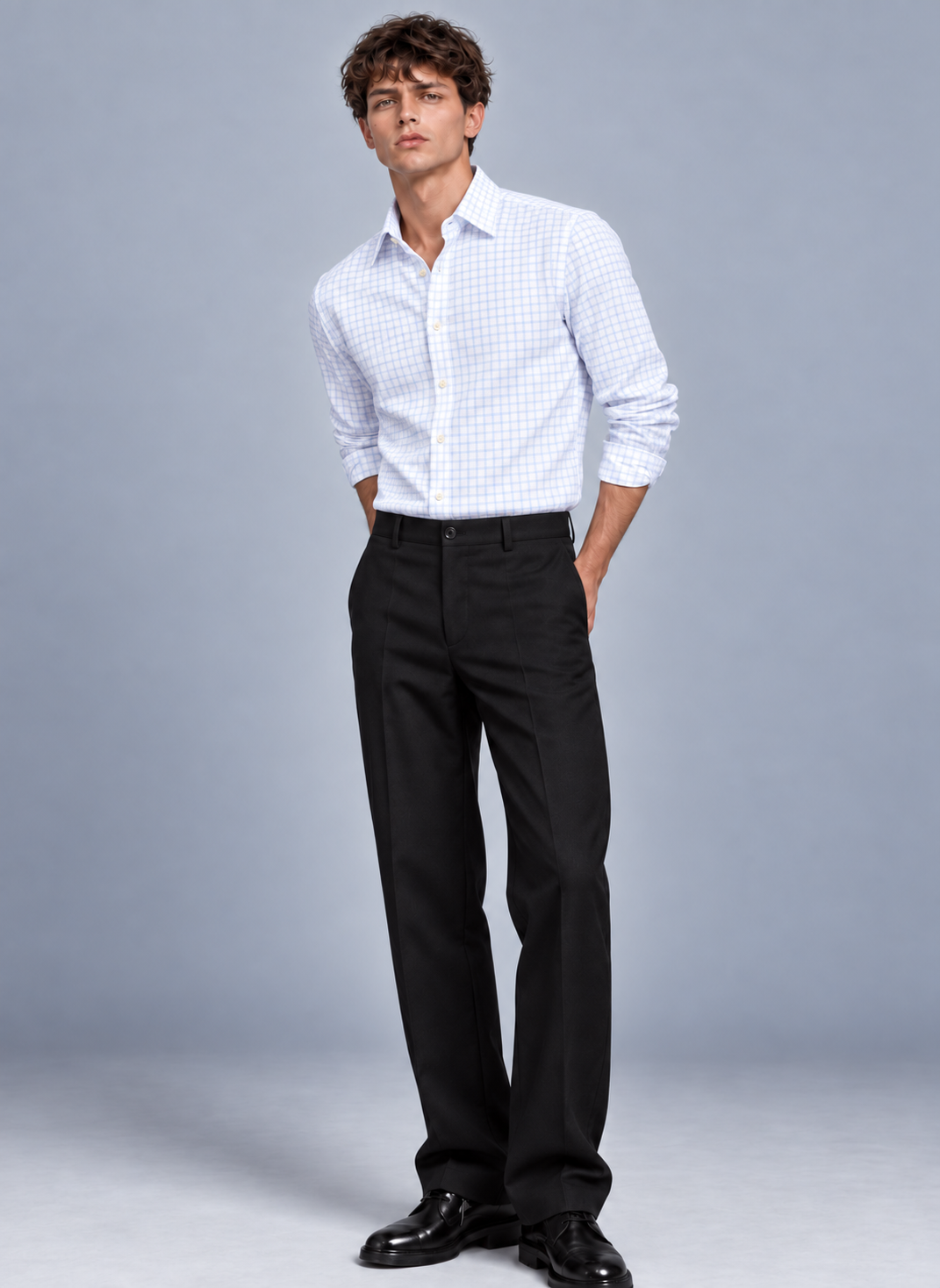 Men's Sky Blue Twill Check Dress Shirt