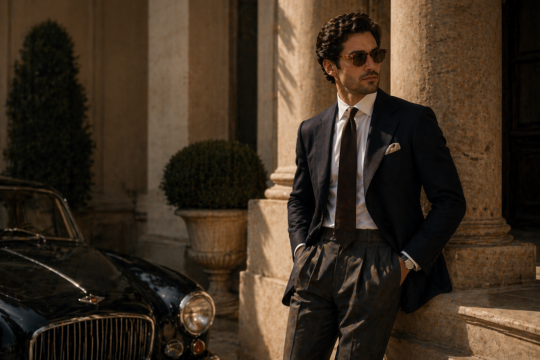 Old money style men’s fashion banner featuring a full-body man in a tailored navy suit leaning against a stone column beside a vintage luxury car, showcasing quiet luxury, timeless elegance, and refined classic menswear.
