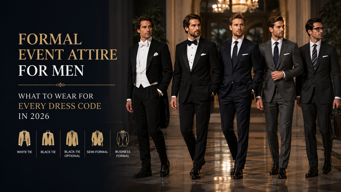 Formal event attire for men showing white tie, black tie, three-piece suit, semi-formal, and business formal dress codes