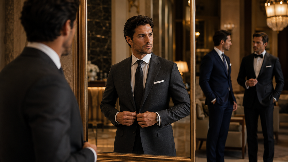 Men wearing formal suits and tuxedos demonstrating modern formal dress code styles.