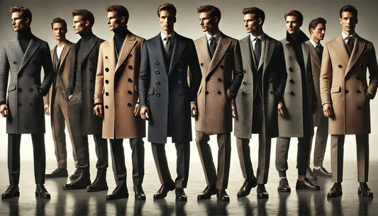 multiple stylish men, each wearing a different type of coat in a minimalist setting