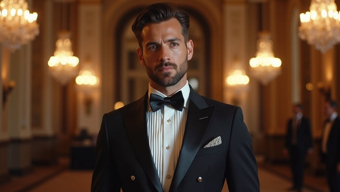 A stylish, modern man wearing a high-quality white tuxedo shirt with a pleated front and French cuffs, paired with a black tuxedo jacket and bow tie, standing confidently at a formal black-tie event.