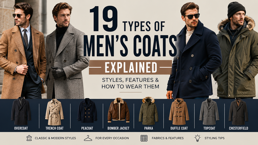 19 types of men's coats explained, including overcoats, trench coats, peacoats, bomber jackets, parkas, duffle coats, topcoats, and Chesterfield coats.