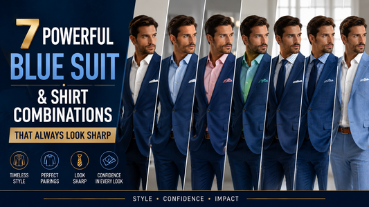 Seven stylish men wearing different blue suit and shirt combinations, showcasing classic white, light blue, pink, green, striped, checked, and light blue shirt pairings with navy and blue suits in a modern men's fashion style guide.