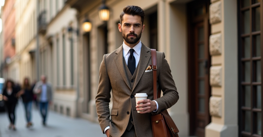 A stylish modern man standing confidently in an urban setting, wearing a custom-tailored brown tweed three-piece suit with a subtle herringbone pattern. 