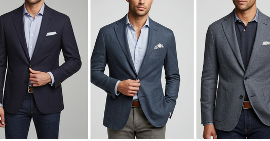 Three model wearing 3 different blazers.