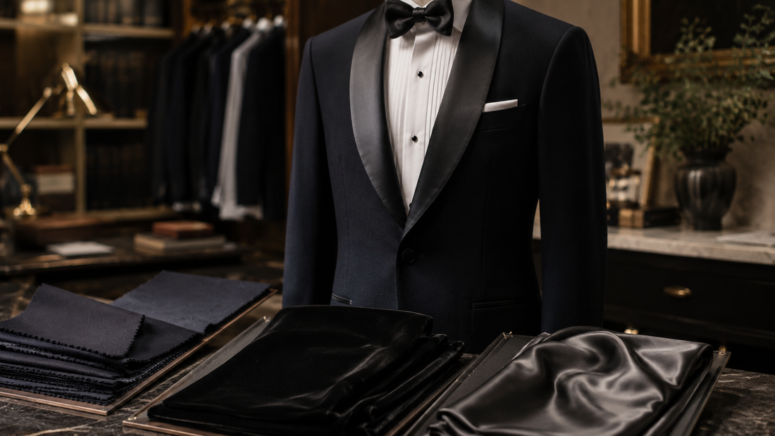 Black tuxedo with wool, velvet, and satin fabric samples in a luxury tailoring studio