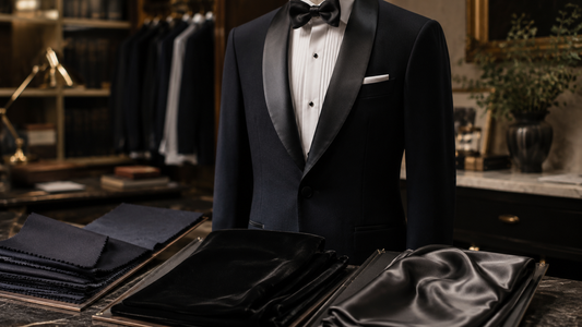 Black tuxedo with wool, velvet, and satin fabric samples in a luxury tailoring studio