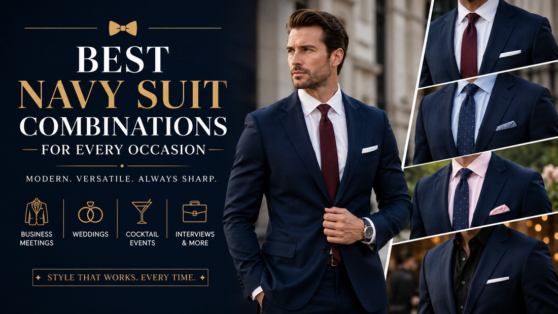Best navy suit combinations for every occasion featuring business, wedding, cocktail, and formal outfit ideas with shirt and tie pairings for men.
