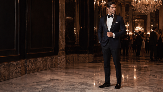 Man wearing a midnight blue tuxedo with black bow tie and patent leather shoes at a luxury black-tie gala event.