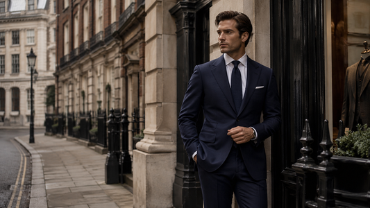Man wearing a tailored navy English suit outside a Savile Row-inspired London tailoring shop, showcasing classic British tailoring with structured shoulders and timeless elegance.