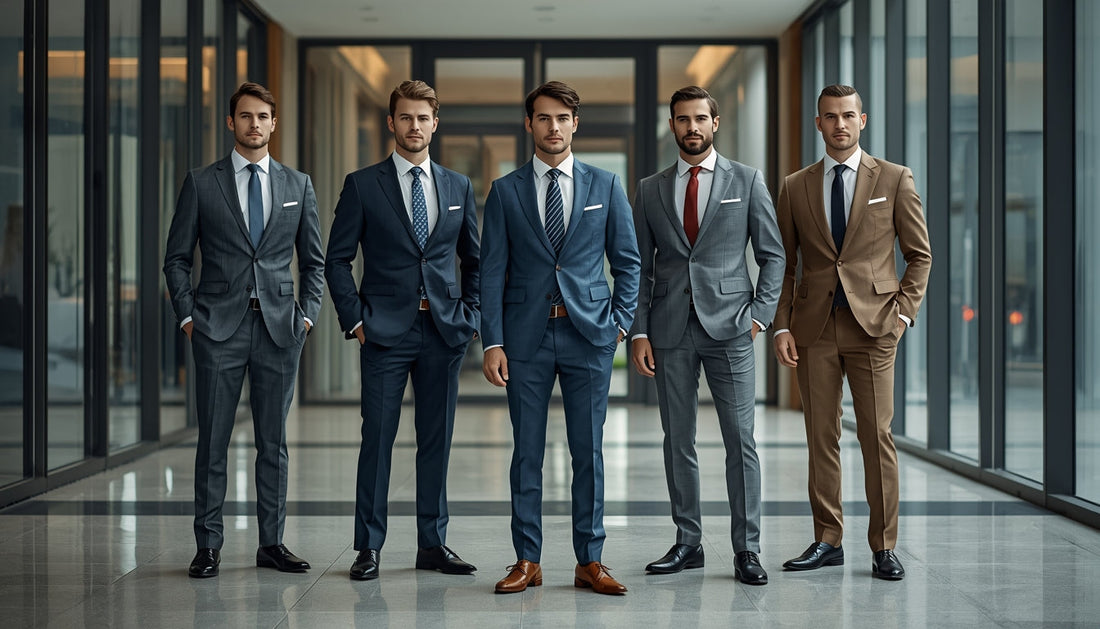 Five professional men in charcoal, navy, mid grey, light grey, and brown suits stand confidently in a modern office lobby, showcasing luxury tailoring in a bright, glass-filled corporate setting.