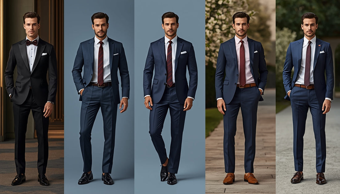 A luxury banner showing one man styled in five navy suit looks—black tie, business, modern professional, client lunch, and relaxed weekend—highlighting versatile menswear styling.