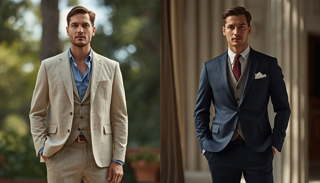 Two men in a side-by-side comparison wearing a beige linen suit and a navy wool suit, showcasing relaxed summer style versus structured formal tailoring in indoor and outdoor settings.