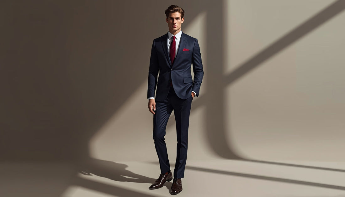 Sophisticated man in a perfectly tailored navy suit with white shirt, burgundy tie, and dark brown oxford shoes in a luxury modern interior