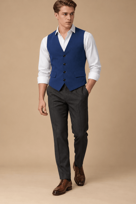 Man wearing a tailored royal blue waistcoat over a white dress shirt, paired with charcoal gray trousers and brown leather dress shoes for a smart-casual look.