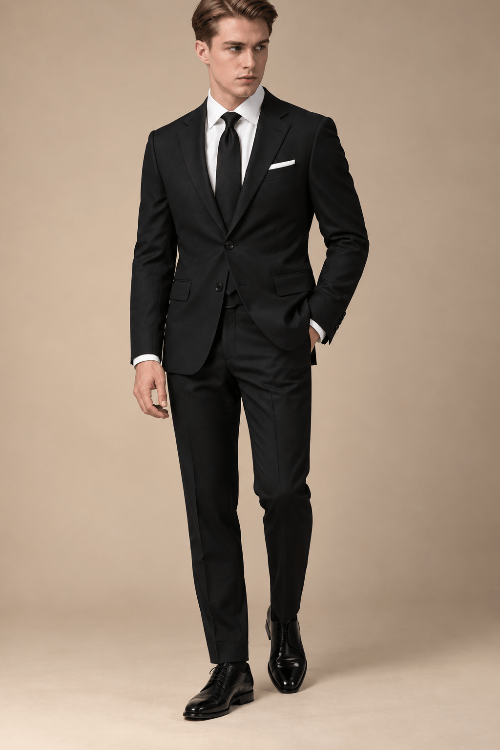 Man wearing a tailored black two-piece suit with a white dress shirt, black tie, white pocket square, and polished black leather shoes for a formal business look.