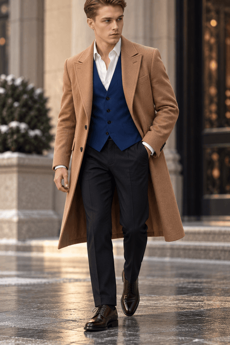 Man wearing a tailored camel overcoat over a royal blue waistcoat and white dress shirt, paired with dark trousers and brown leather shoes for a sophisticated winter outfit.