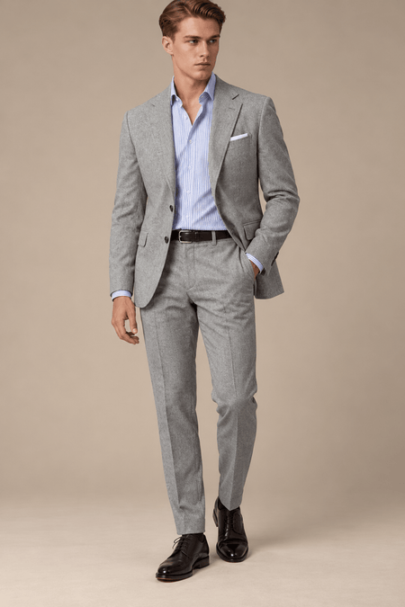 Man wearing a tailored light gray two-piece suit with a blue striped dress shirt, white pocket square, and black leather dress shoes for a smart business look.
