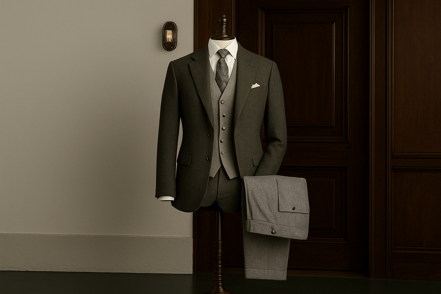 Gray suit on a mannequin against a neutral wall with a dark door.