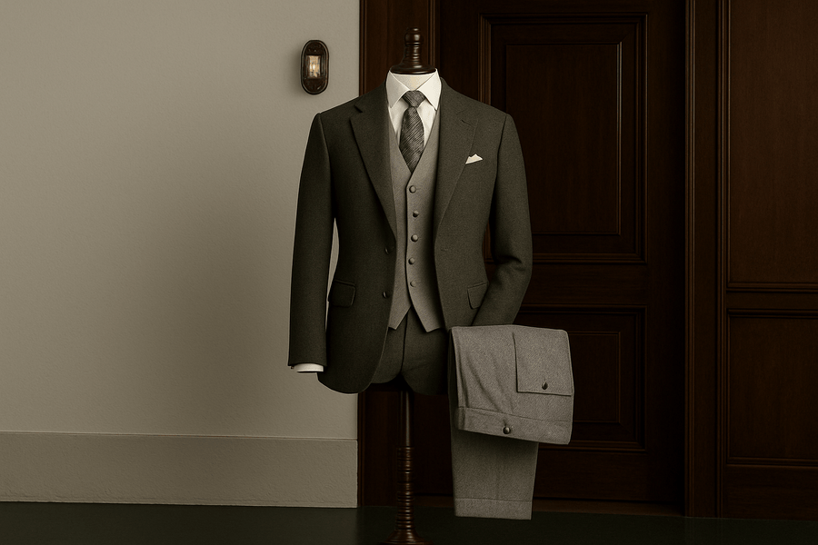 Gray suit on a mannequin against a neutral wall with a dark door.