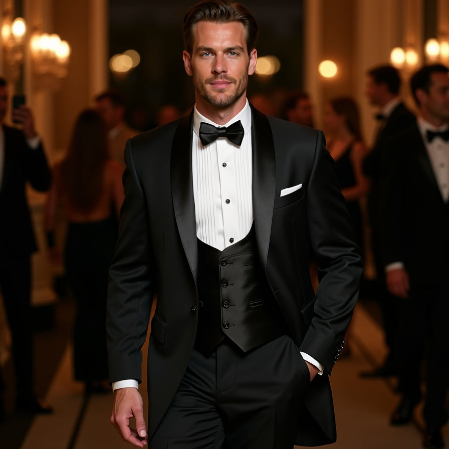 men’s black tuxedo formal outfit bow tie evening event style elegant suit