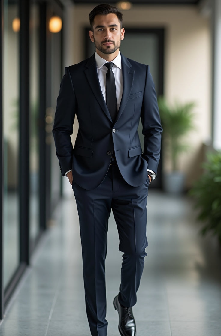 mens navy blue suit with black tie formal business outfit walking