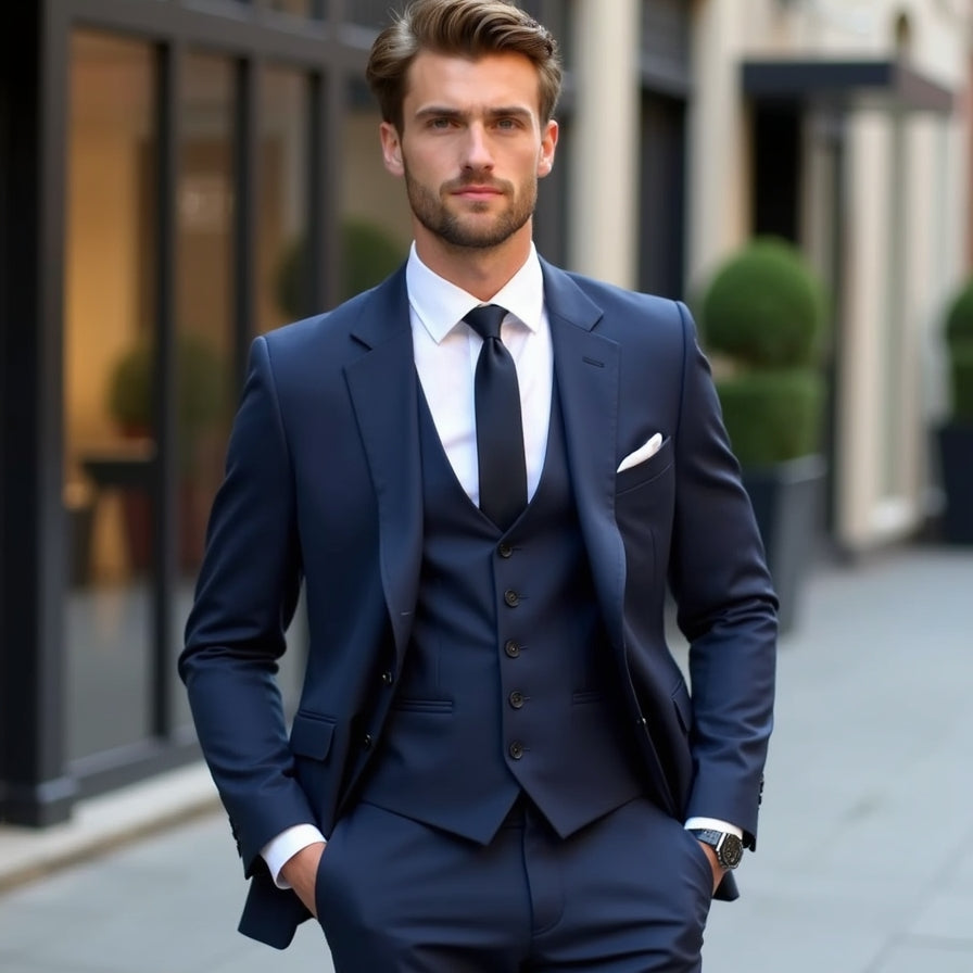 men’s navy three piece suit formal outfit business style tailored suit look