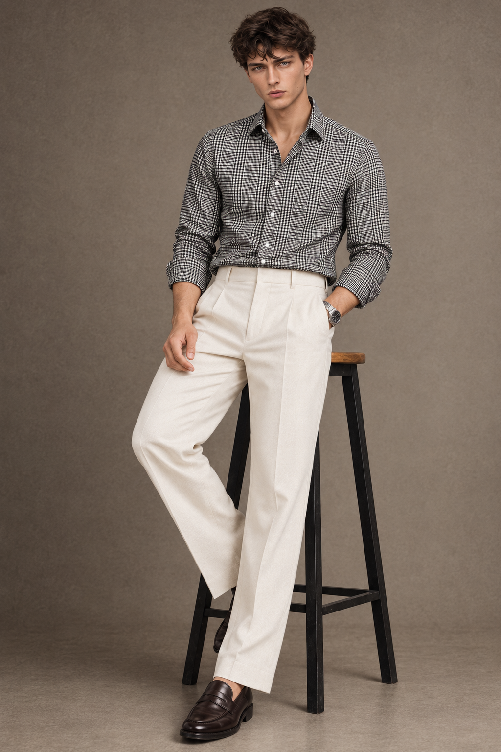 Black Prince of Wales check custom shirt styled with cream trousers, showcasing a tailored fit and classic check pattern.