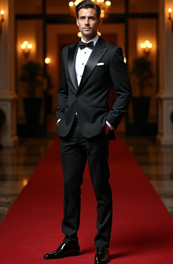 mens black tuxedo formal evening wear bow tie classic tuxedo red carpet style