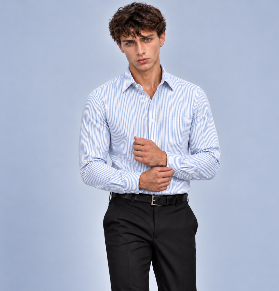 Men's Blue Narrow Stripe Dress Shirt