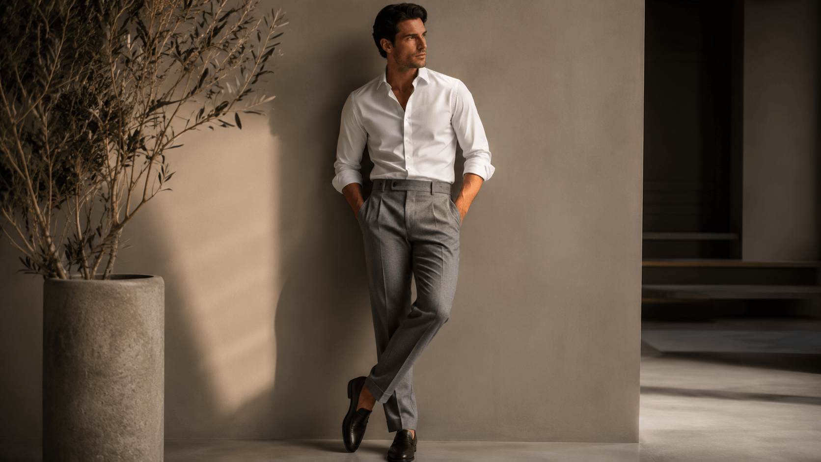 Man wearing a crisp white dress shirt and tailored light gray pleated trousers, showcasing timeless smart-casual menswear in a modern minimalist setting.