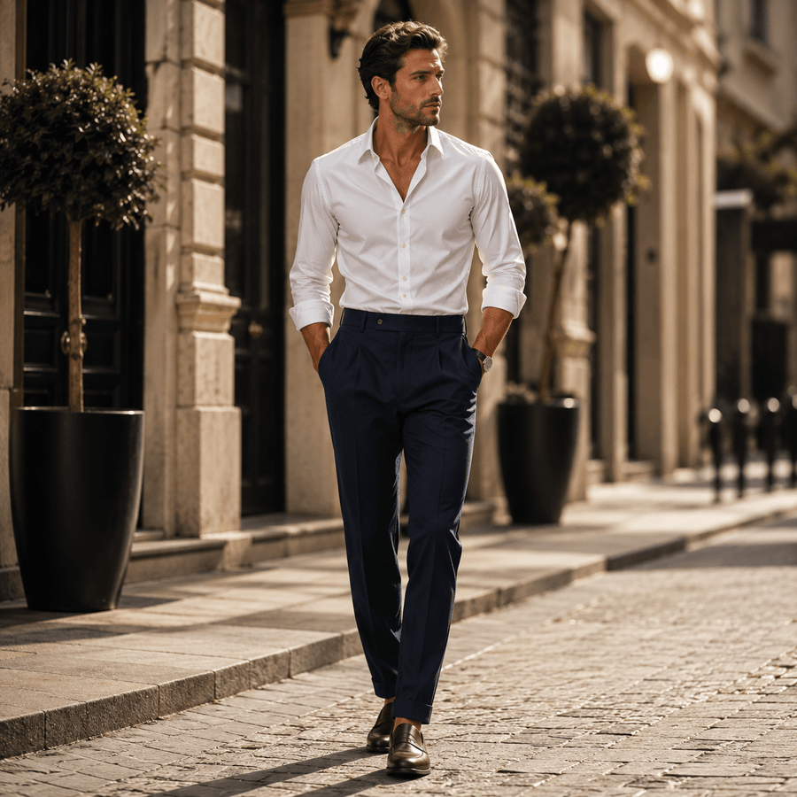 Stylish man wearing a crisp white dress shirt with navy tailored trousers and brown leather loafers, walking through a luxury city street in a sophisticated smart-casual outfit.