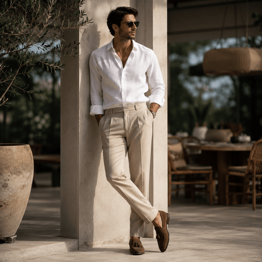 Man wearing a white linen shirt with beige tailored trousers and loafers, showcasing elegant summer menswear and smart casual style in a luxury resort setting.