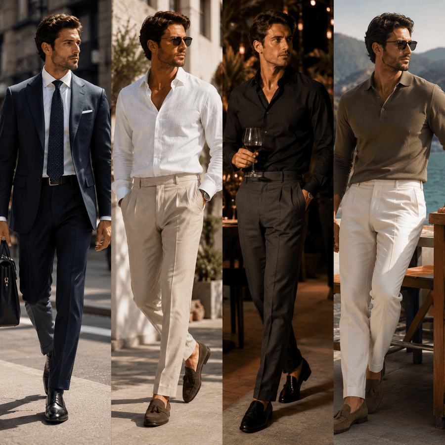 Luxury menswear style collage featuring four sophisticated looks including a navy business suit, relaxed white linen outfit, black eveningwear ensemble, and smart casual resort style with tailored trousers and polo shirt.
