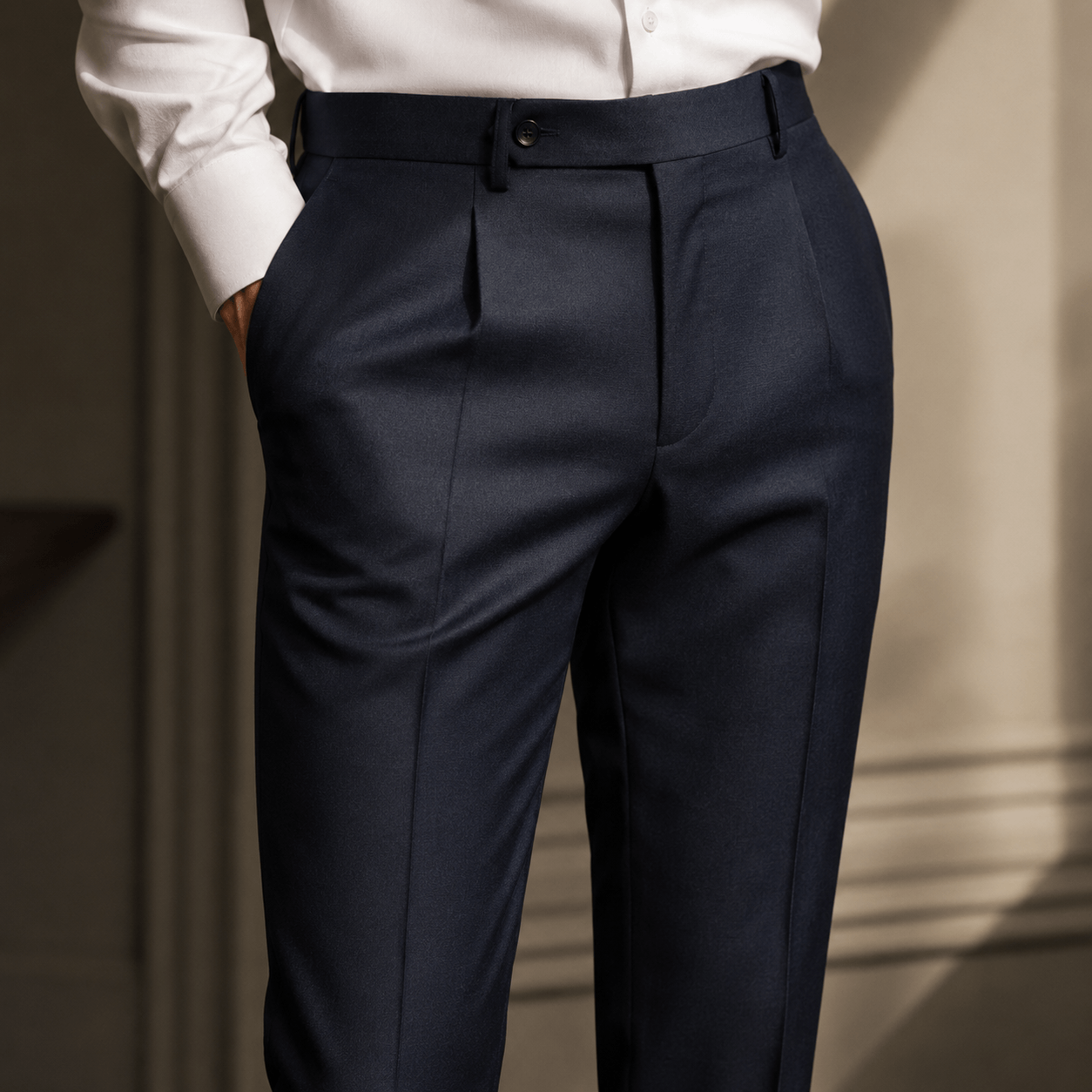 Custom tailored navy dress trousers featuring a high-waisted fit and double pleats, showcasing luxury menswear, bespoke tailoring, and premium formal pant craftsmanship.