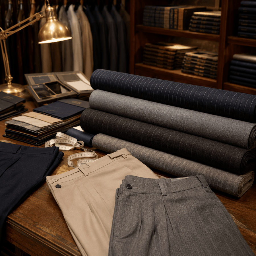 Premium tailoring fabrics and custom-made trousers displayed in a luxury bespoke menswear showroom, featuring wool suit cloth, dress pants, fabric swatches, and tailoring tools.