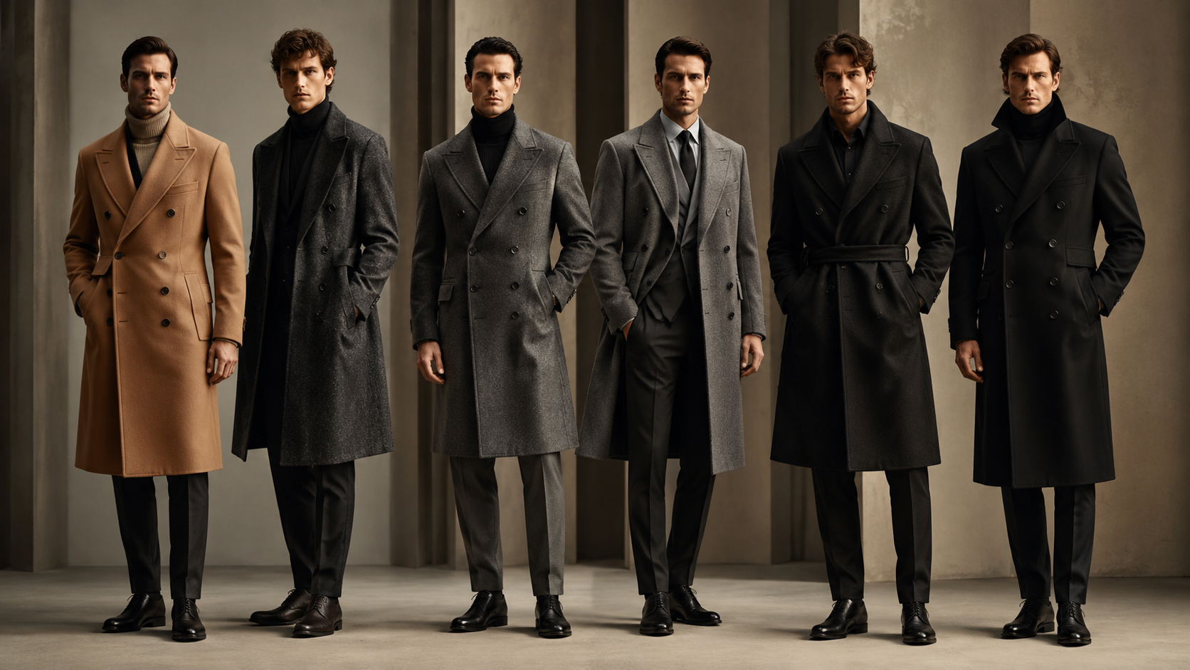 Men wearing a variety of custom tailored overcoats in camel, charcoal, grey, and black, showcasing luxury winter menswear, bespoke outerwear styles, and premium tailoring craftsmanship.
