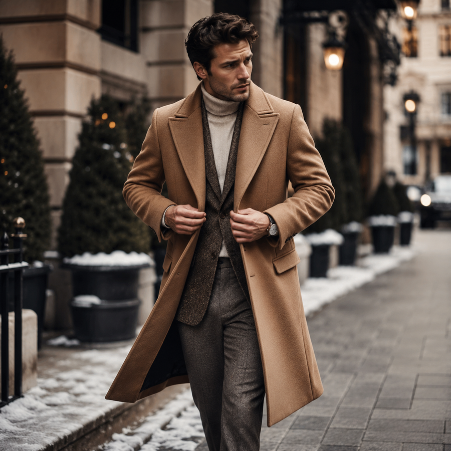 Man wearing a camel overcoat layered over a turtleneck and tailored suit on a winter city street.
