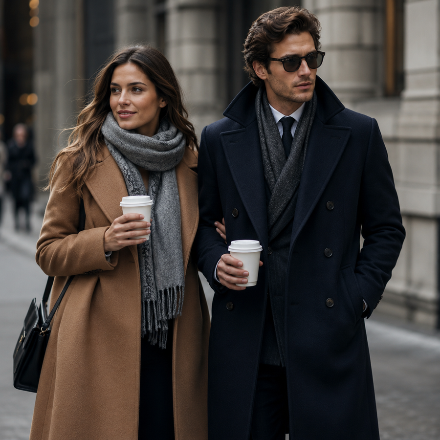 Well-dressed couple wearing luxury wool overcoats and scarves, walking through a city street in winter, showcasing elegant cold-weather fashion and premium outerwear styling.