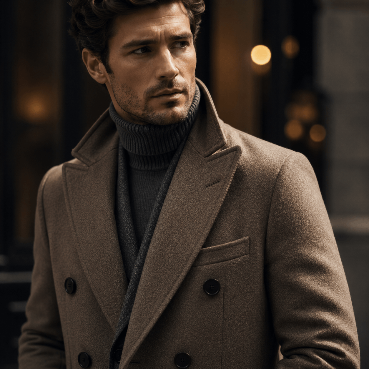 Man wearing a premium brown double-breasted overcoat layered over a gray turtleneck sweater, showcasing elegant winter fashion and sophisticated urban style.