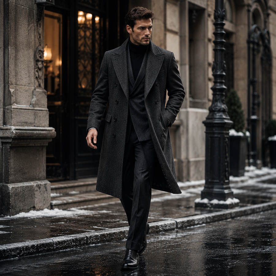 Man wearing a charcoal double-breasted overcoat over a dark tailored suit, walking through a city street in winter, showcasing luxury menswear and sophisticated cold-weather style.