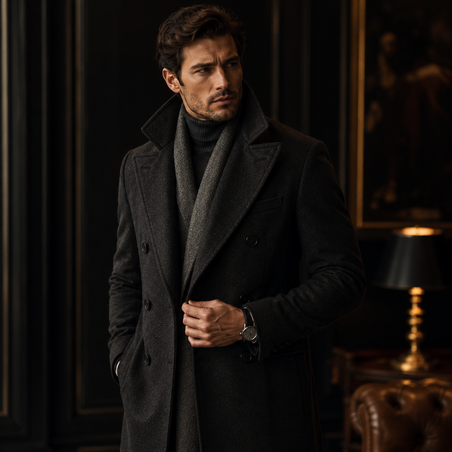 Man wearing a charcoal double-breasted wool overcoat layered over a turtleneck sweater and scarf, showcasing luxury winter menswear, bespoke tailoring, and sophisticated cold-weather style.