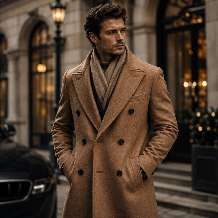 Man wearing a camel double-breasted wool overcoat with a matching scarf, showcasing luxury winter menswear, bespoke outerwear, and timeless tailored style.
