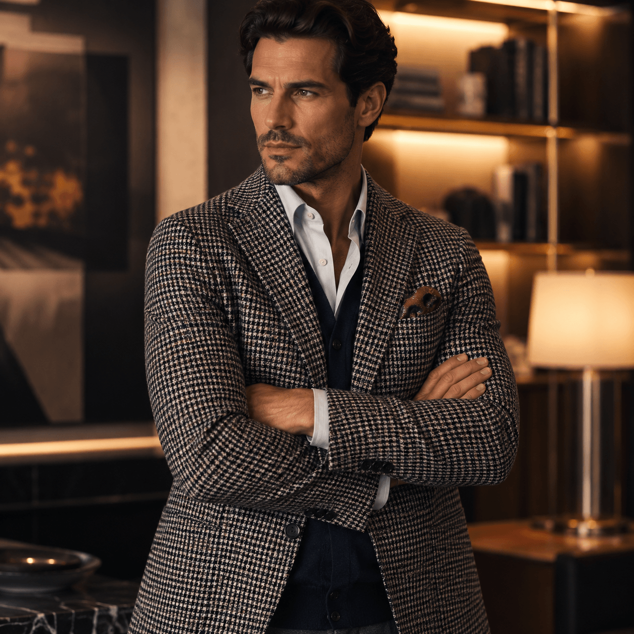 Men's houndstooth sport coat with navy waistcoat and light blue dress shirt, showcasing refined smart casual menswear and tailored style in a luxury interior.