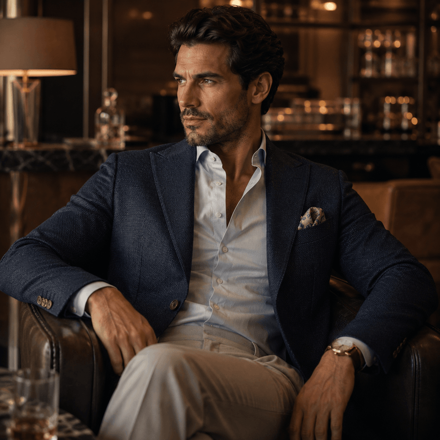 Well-dressed man wearing a navy textured blazer, light blue dress shirt, and beige tailored trousers, seated in a luxury lounge showcasing sophisticated smart-casual menswear style.