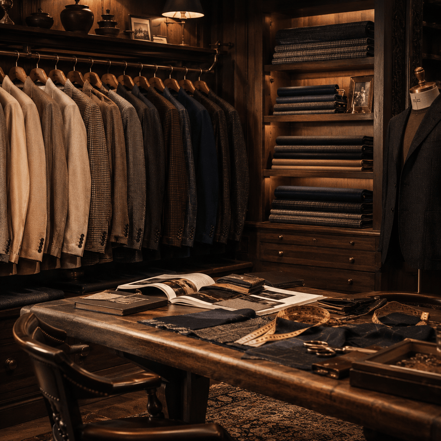 Luxury bespoke tailoring studio featuring custom suit jackets, premium fabric selections, tailoring tools, and made-to-measure menswear craftsmanship.