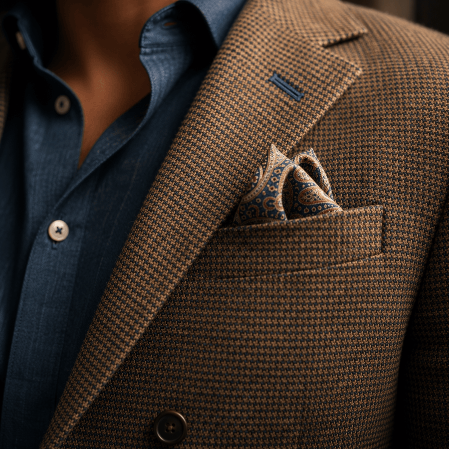 Close-up of a custom tailored brown sport coat with textured fabric, paired with a navy dress shirt and patterned pocket square, showcasing luxury menswear and bespoke tailoring details.